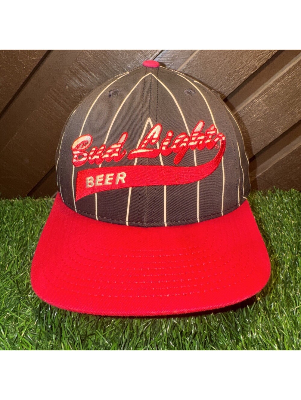 Vintage 90s Bud Light Beer Pinstripe Snapback Hat Black Red Two Tone Cap